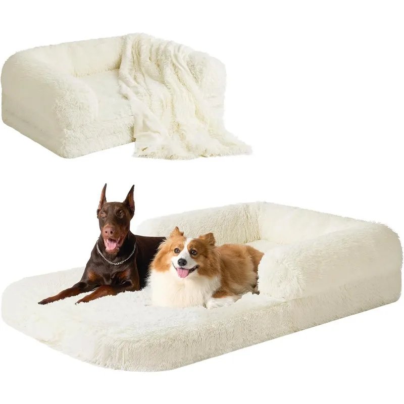 Foldable XXL Dog Bed, Faux Fur Fluffy Dog Bed for Extra Large Dogs, Orthopedic Calming Memory Foam Big Couch Bed