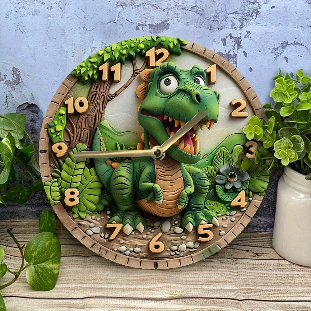 Cute dinosaur - themed wooden wall clock for kids' rooms or playrooms, takes AA batteries 5