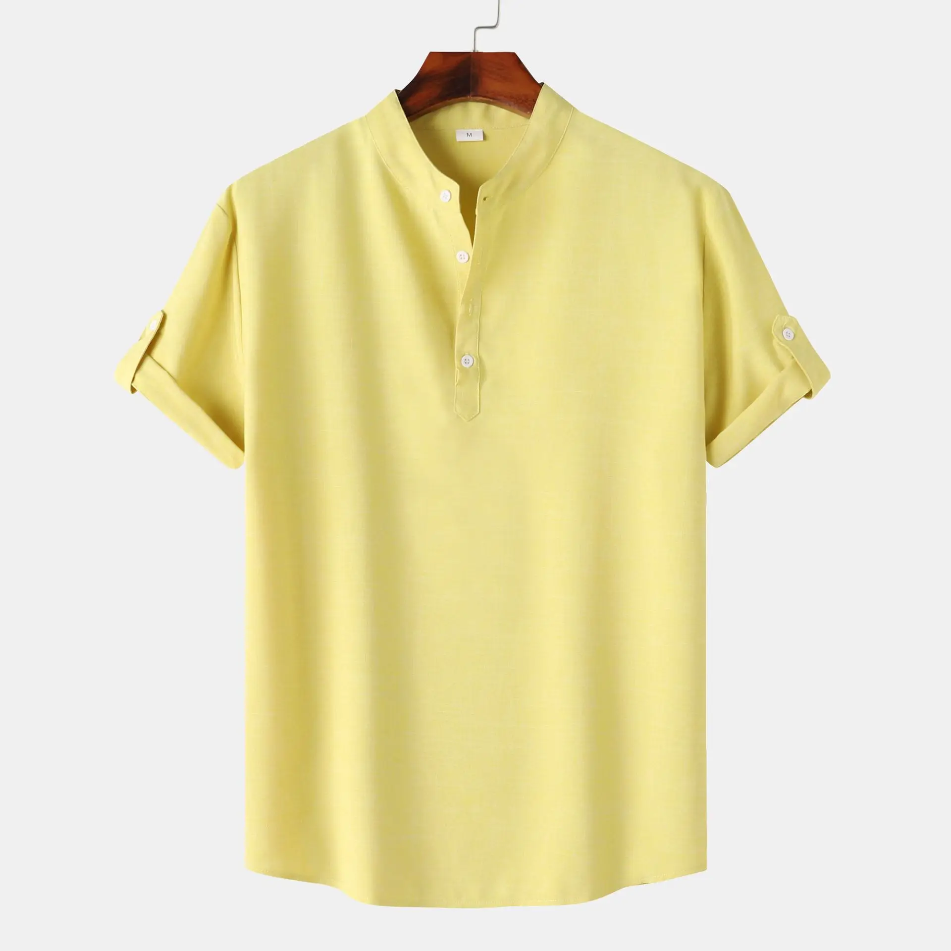 

Желтая мужская летняя рубашка с коротким рукавом, Мужская футболка с воротником-стойкой, повседневная мужская рубашка, модные пляжные топы, Мужская классическая рубашка