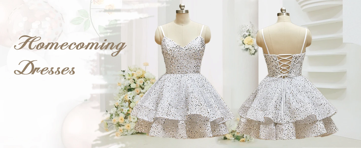 Sequin Homecoming Dresses Short Tiered Sparkly Graduation Dress V-Neck Spaghetti Straps Prom Dress