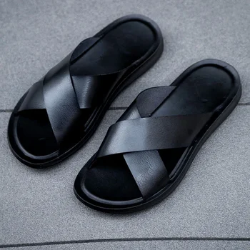 Men Shoes New Summer Shoes Italian Leather Slippers Men High Quality Size 38-47 Beach Slip on Flats Man Flip Flops Mens Sandals