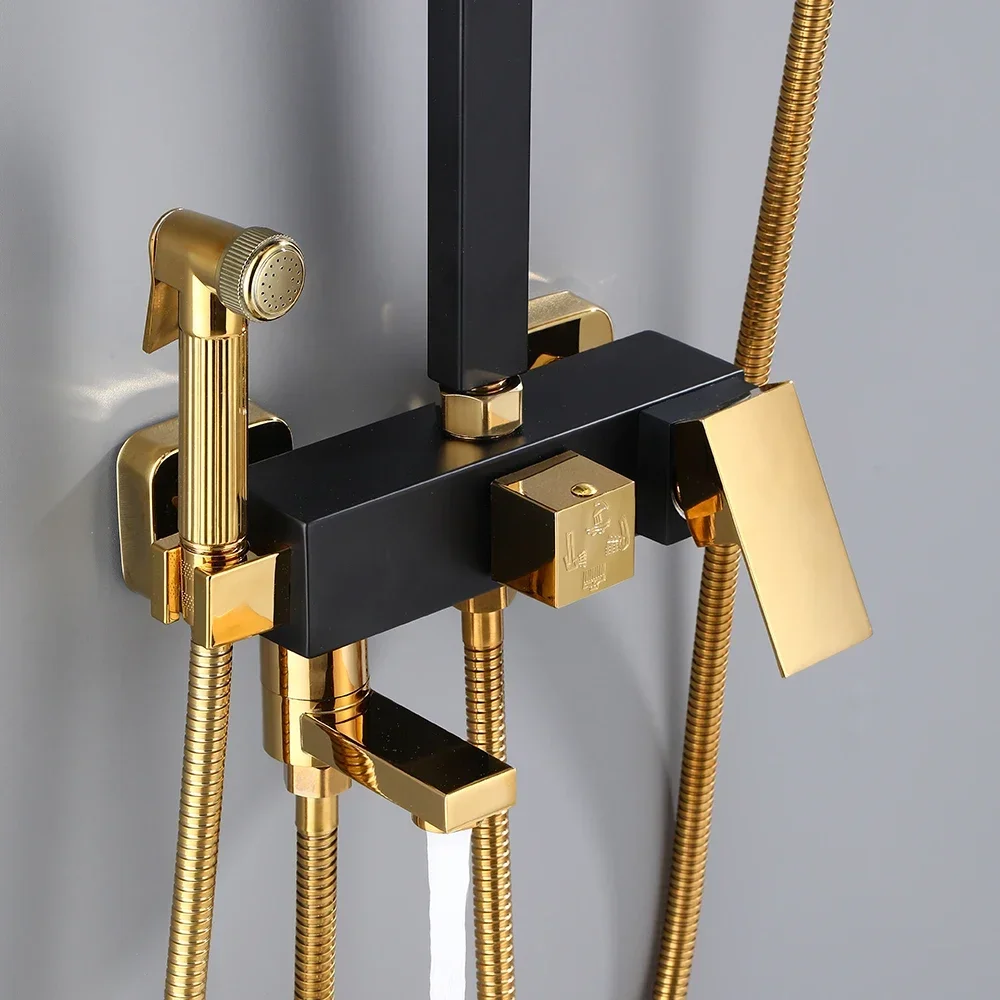 Bathroom Shower Faucet Set Black Gold Rainfall Metal 4-way with Bidet and Shelf