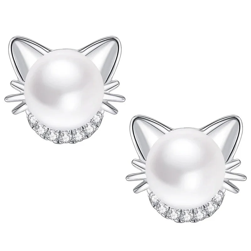 Cute Cat Imitation Pearl Stud Earrings with CZ Exquisite Girl Ear Piercing Earrings Fancy Statement Jewelry - PeticaDeals