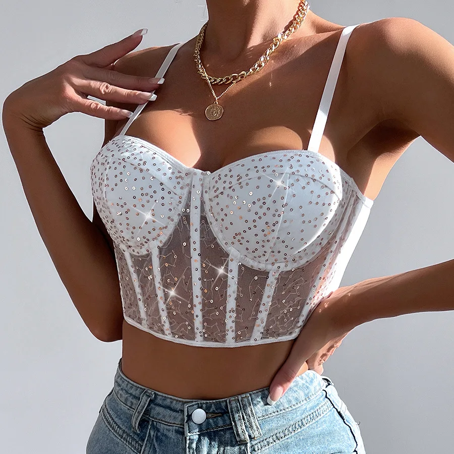 

Sequin Bodice Tank Tops Summer Women's Corset Lingerie Crop Top Vest Mesh Bone Halter Sleeveless Bustier Camisole Y2K Streetwear