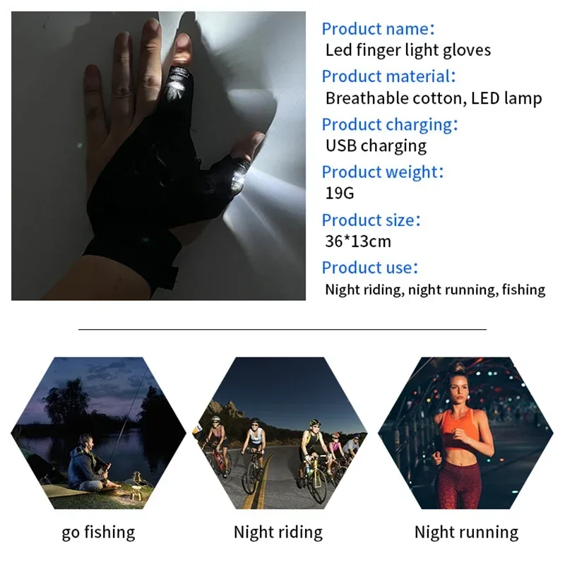 Fishing Gloves LED Flashlight Gloves Rechargeable Hands Free Light Gloves Halloween Christmas Gift Gadgets Tools for Outdoor Camping Fishing