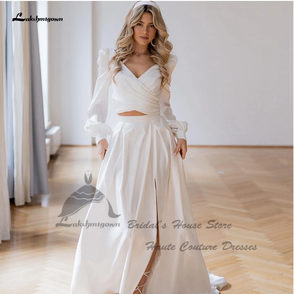

Lakshmigown Простые Свадебные платья из двух частей пышные с длинным рукавом 2024 элегантные мягкие атласные пляжные свадебные платья с разрезом сбоку