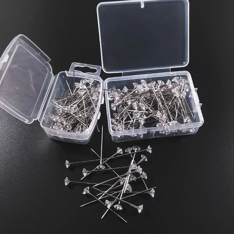 1박스 50/100개 합금 핀 투명 다이아몬드 핀 DIY 웨딩 부케 핀 바느질 바늘 플라스틱 박스 바느질 액세서리