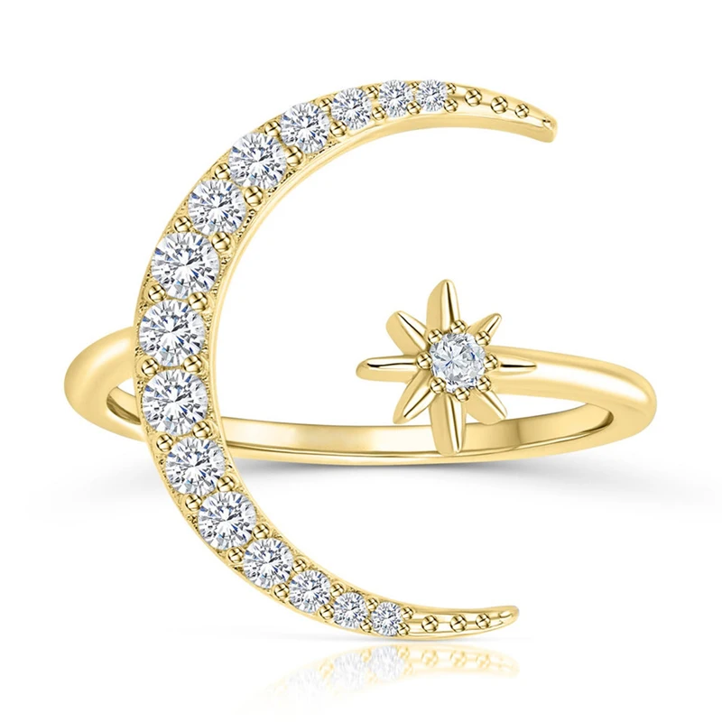 

925 Sterling Silver Ins Wind Star Moon Bling Zircon Adjustable Opening Ring For Couples Lovers' Valentine's Day Gift