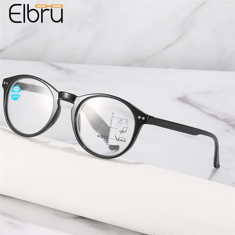 

Elbru Multifocal Progressive Anti Blue Light Reading Glasses Fashion Round Men Women Presbyopic Eyeglasses Diopters+1.0+2+3+4.0