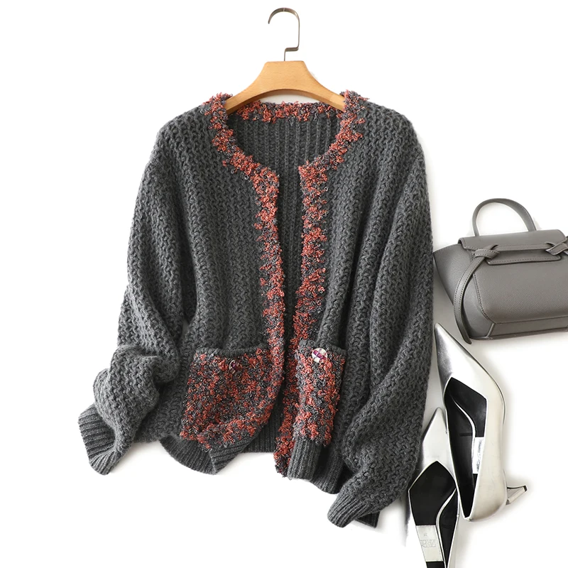 

Французский осенне-зимний новый крупный вязаный Роскошный 100% кашемировый открытый кардиган пальто