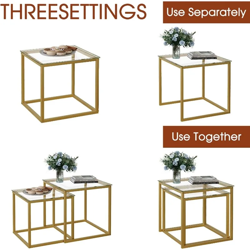 Coffee Table Set of 2, Modern Gold Glass Side Table, Metal Frame Square End Table, Center Tables Nesting Coffee Table. 6
