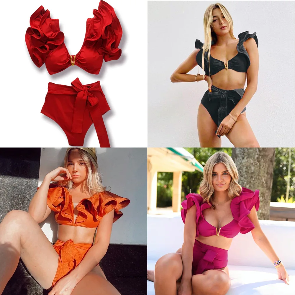 

Cozy 2 Pcs Bandage Big Ruffle Luxury Women Swimsuit Solid Push Up High Waist Summer Strappy Bathing BodySuit Beach Wear Biquini