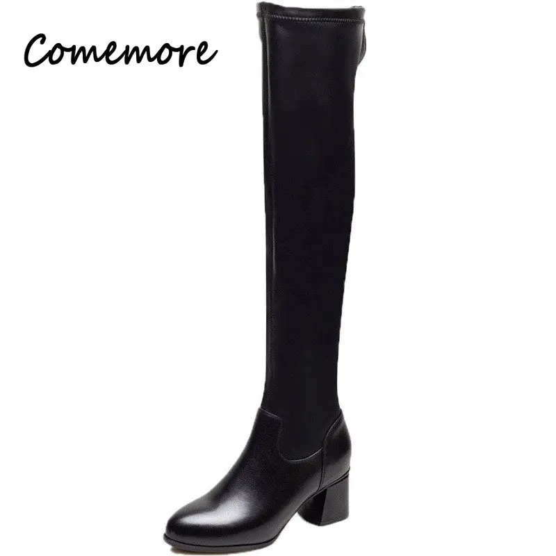 Comemore Women Leather Elastic Boots Ladies Plush Long Boot Autumn Winter Thick Heels Over The Knee Boots Slip on Knight Botas