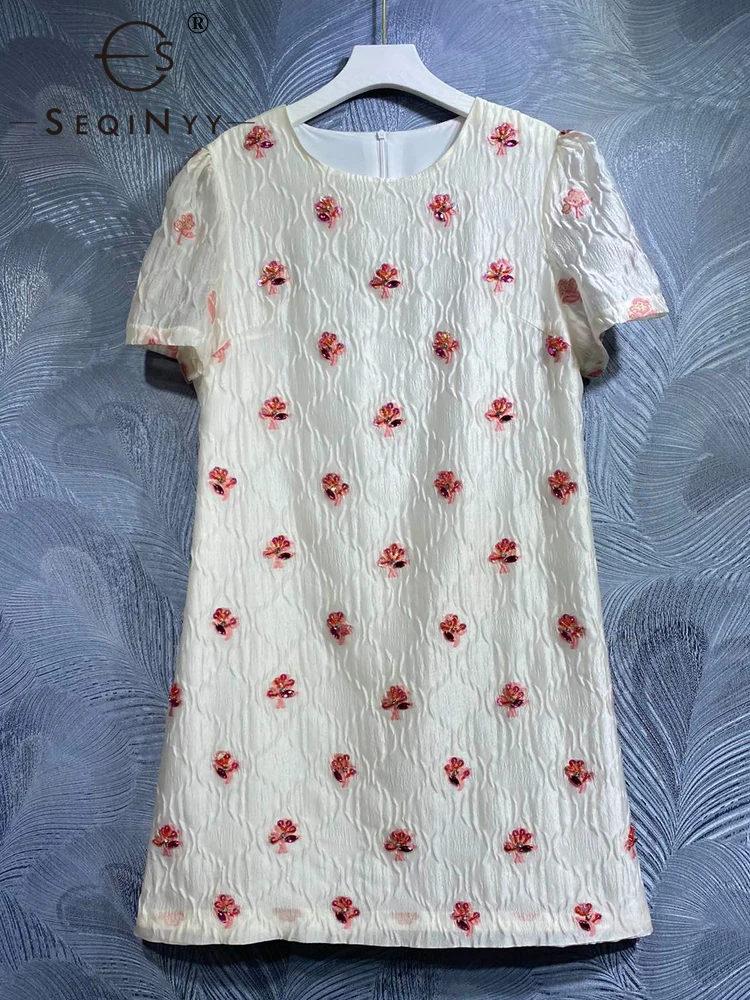 

SEQINYY White Dress Summer Spring New Fashion Design Women Runway High Street Beading Jacquard Flower Pink Mini Casual