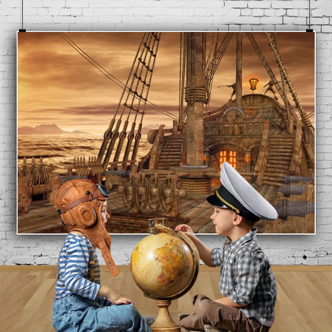 Photo Backdrop Vintage World Map Backdrop Pirate Airplane Compass World Travel Kids Boy Birthday Party Baby Shower Photography Background Prop