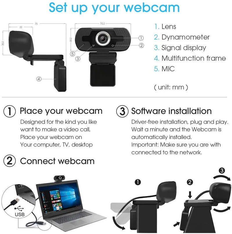 Smart Home Mini Webcam pc webcam pc web camera computer camera with Own 110 &deg; 1080P HD Wide Angle Built-in Stereo Microphone Support for Lens Autofocus Plug and Play