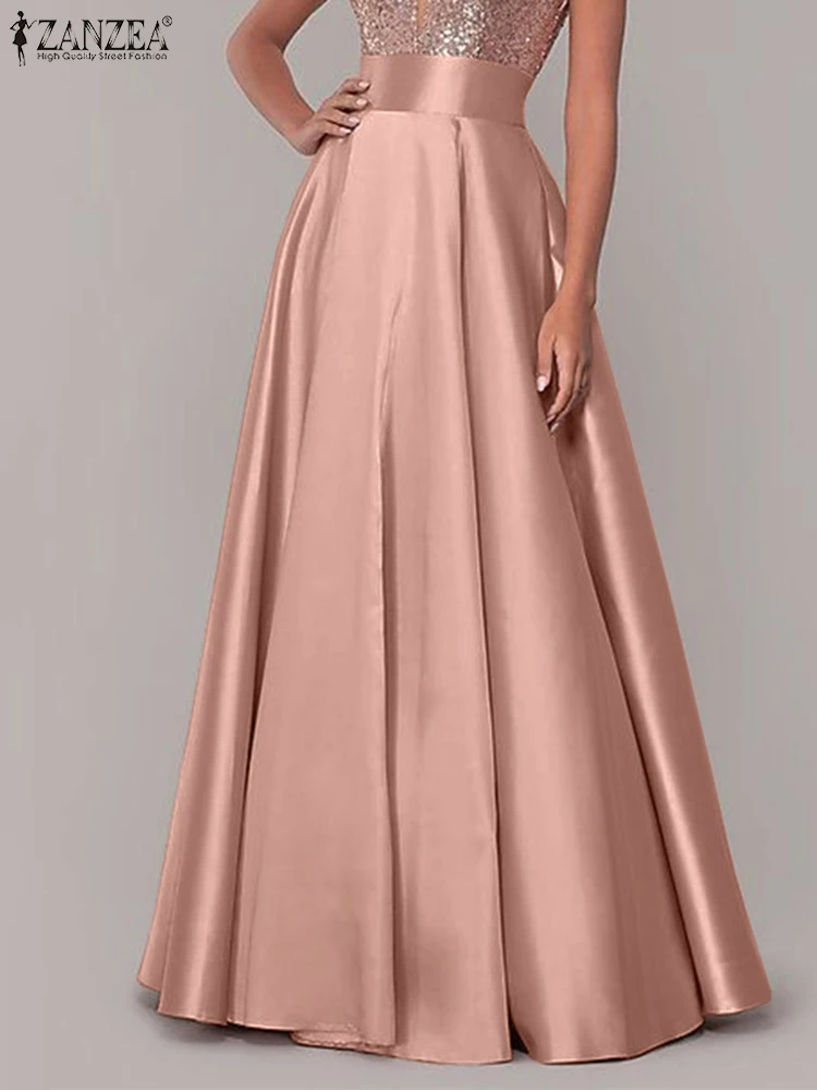 

ZANZEA Fashion Satin Long Skirts Casual High Waist Maxi Vestidos Women Elegant Party Sundress Female A-line Faldas Saia Oversize