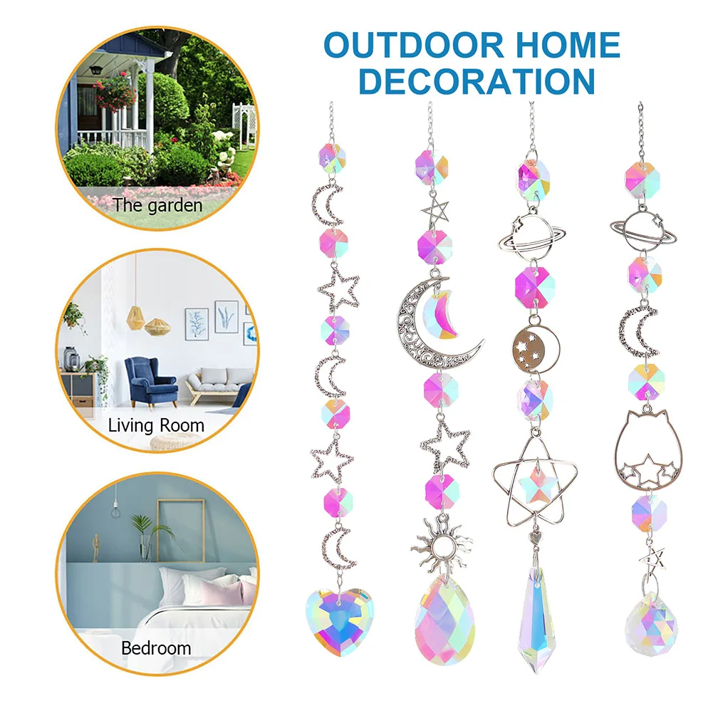 Suncatcher Crystal Pendant Window Prism Wind Chimes Star Moon Heart Metal Hanging Prism Hanging Light Catcher Home Garden Decor