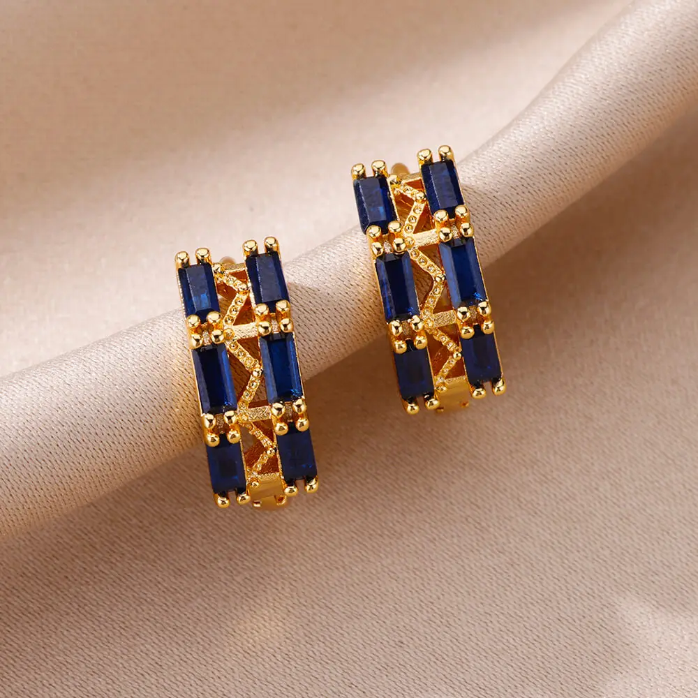 Luxury Blue Zircon Earrings Stainless Steel Wedding