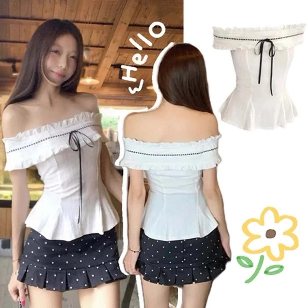 White Off-shoulder Ruffle Shirt Lace-up Cute Bow Korean Y2K Ins Ruffle Shirt Tops Slimming Pleated Collar Slim Fit Crop Tops