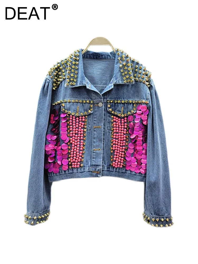 

DEAT Women's Denim Coat Lapel Rose Pink Sequins Pearls Beading Rivet Loose Puff Sleeve Jackets 2024 spring New Fashion 29L2515