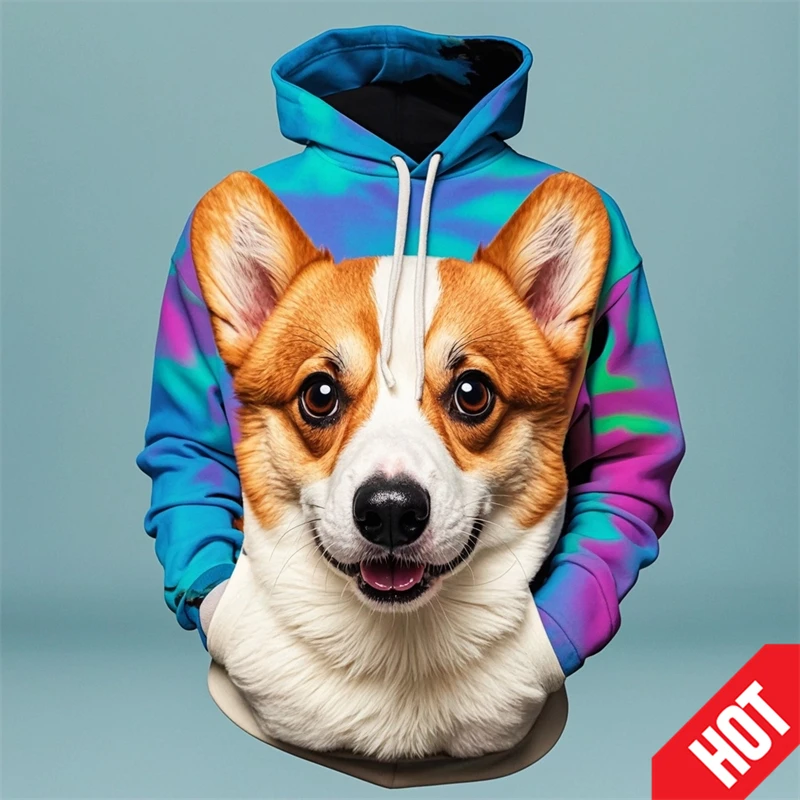 thumbnail image 1 of Sudadera con capucha con estampado de animales Corgi, colores impresos en 3D, divertida, para hombres y mujeres, envío gratuito, sudadera con capucha informal de manga larga, 1 of 4