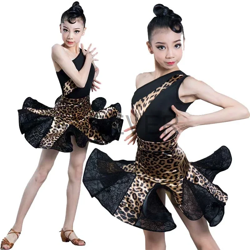 

Детский костюм для латиноамериканских танцев, пикантный топ и юбка для бальных танцев, сальса, танго, детское кружевное леопардовое платье с разрезом, трико-юбка