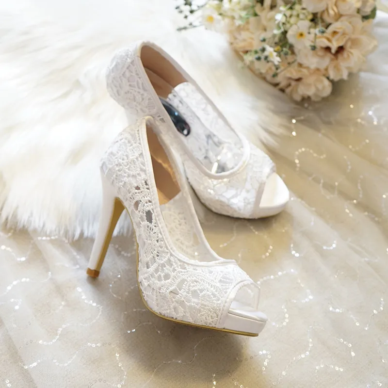 

2023 New White Lace Wedding Shoes, Fish Mouth High Heels, Banquet Party Women's Shoes, Group Purchase Bridesmaid Shoes