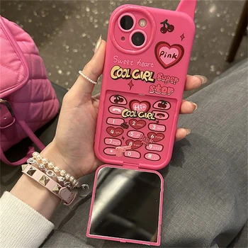 Ins Korean Retro Funny Mobile Phone Y2k Cherry Heart 3D Pink Make Up Mirror Case For iPhone 15 14 13 12 16 Pro Max Bracket Shell 1