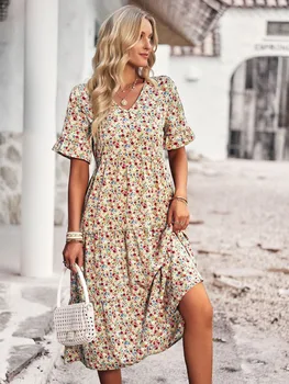 Summer Women V Neck Elegant Printed Short Sleeve High Waist A Line Floral Holiday Dress 1