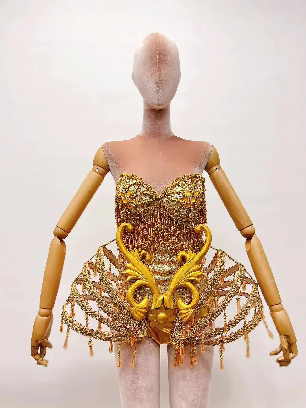 

Gold Sexy Crystal catsuit tube top beads Bodysuit Dress Stage Performance Bling DressesGolden sexy fishbone conjoined