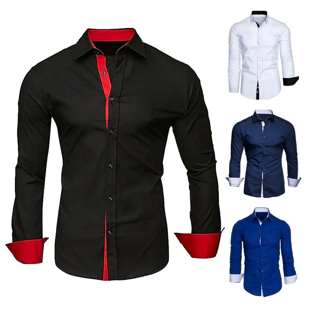 

Men Soft Shirt Men's Turn-down Collar Long Sleeve Cardigan Shirt Formal Business Style Slim Fit Color Matching Single-breasted