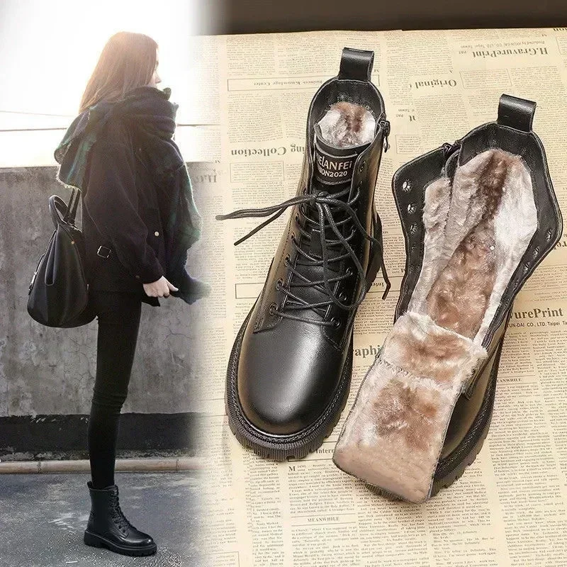Waterproof Winter Snow Boots Women 2023 Plus Velvet Thick Cotton Women Shoes Black Leather Warm Platform Women\'s Ankle Boots