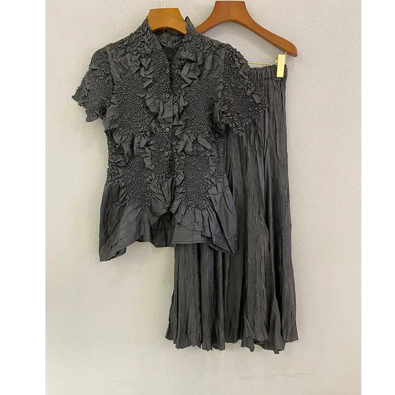 

Miyake Pleated Women's Skirt Sets Japanese Style 2023 New Spring Fashion Casual Suit High Fashion Short Sleeves &Long Dress