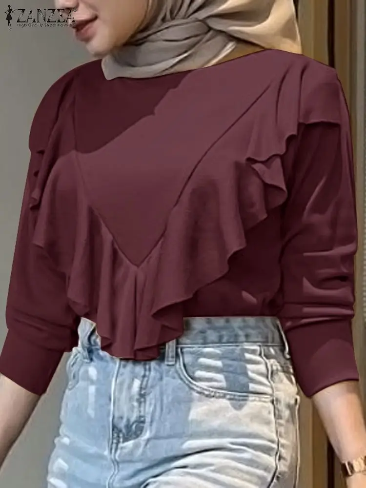 

ZANZEA, модная Женская Весенняя элегантная однотонная блузка с длинным рукавом, повседневная мусульманская рубашка, мусульманская одежда, блуза с оборками, топы