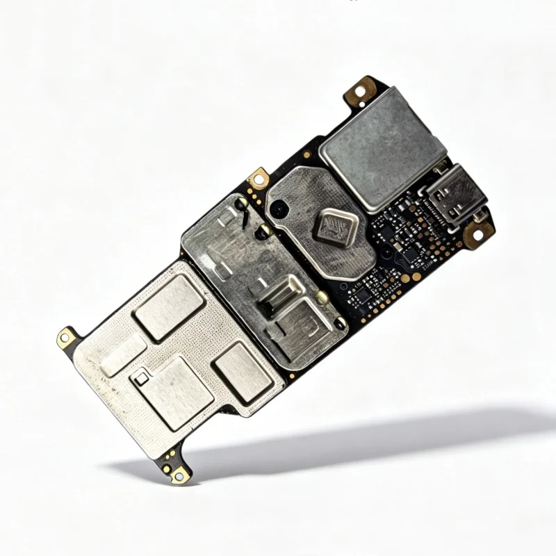 Carte mère DJI Mini 2 d'origine posée sur fond blanc, avec vis et câbles visibles, pièce de rechange pour drone.