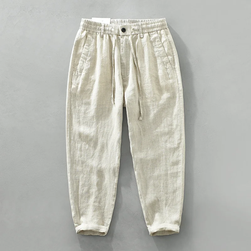 

Summer Men's Thin Linen Pants Harajuku Loose Straight Drawstring Elastic Waist Beach Vacation Casual Jogging Trousers Male