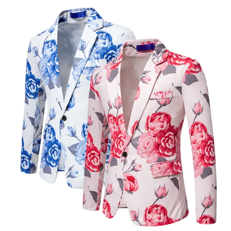 New Men 3D Digital Printed Suit Single Button Lapel Jacket Red / Blue Fashion Singer Stage Performance Flower Blazers Coats