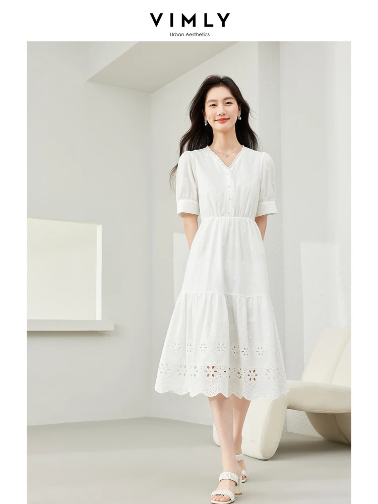 

Vimly Lace Hollow Out Off White Cotton 100% A-line Dress 2024 Summer V-neck Embroidery Short Sleeve Casual Midi Dresses M6808