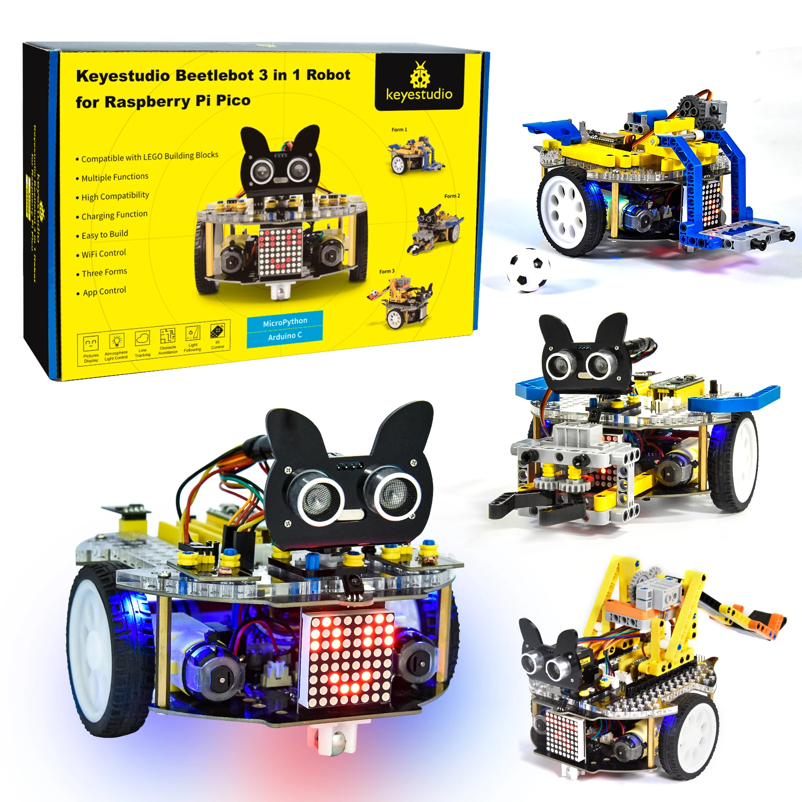 

Keyestudio Beetlebot 3 in 1 Robot Car Kit 11 Projects For Arduino Robot ESP32 And For Raspberry Pi Pico STEM Programming DIY Kit