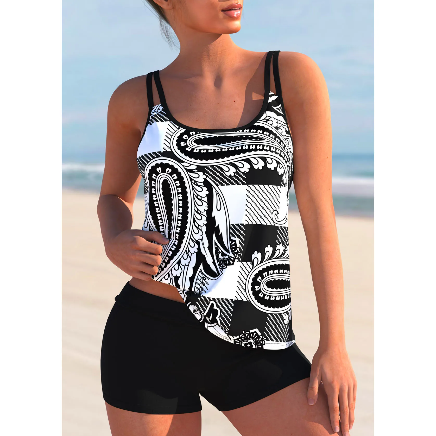 2023 High Waist SexyTankini Trend Monokini Women's Vintage Printing Swimwear Summer Two Piece Set Bathing Suit Loose Swimsuit