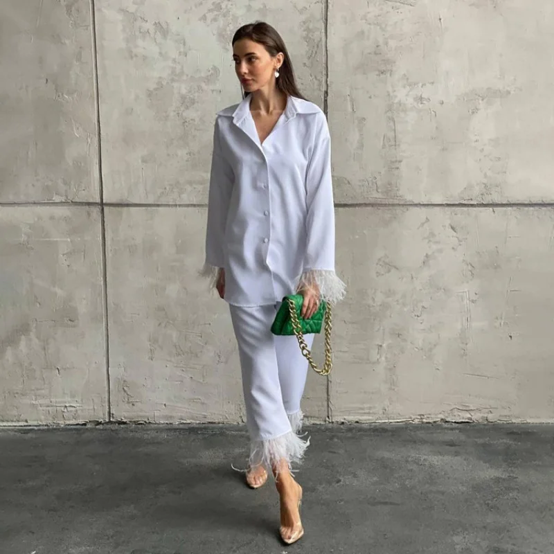 Popular Spring and Summer New Niche Design Long Sleeve Feather Shirt Fashion Casual Cropped Pants SuitWlj