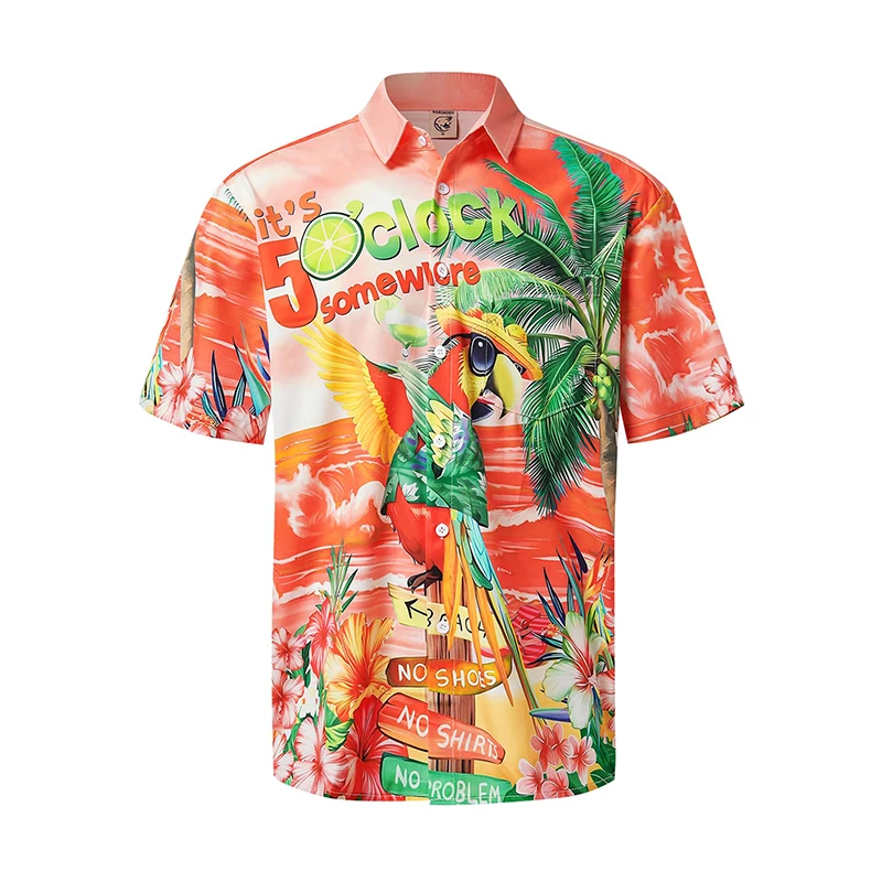 thumbnail image 1 of Camisas hawaianas de verano para hombre, divertidas, con estampado de pájaros, informal, con botones, para playa, manga corta, 1 of 4