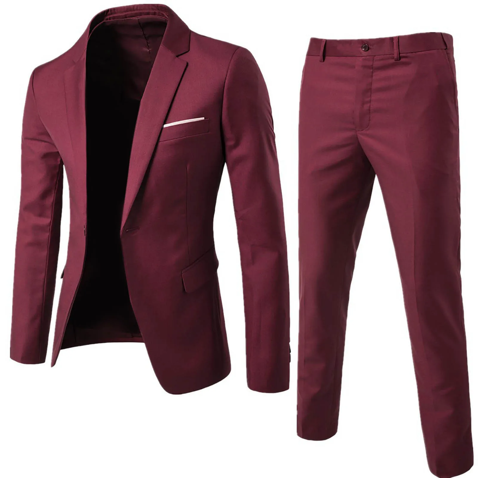 Mens Suit 1 Set Men Blazer Pants Solid Color Long Sleeve Slim Fit Turndown Collar Temperament One Button Pockets Suit Set Men Clothes