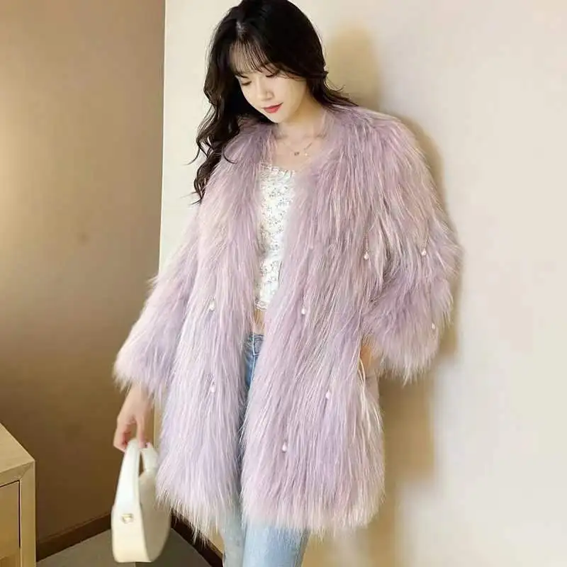 2023 Autumn And Winter New Tassel Name Warm High End Mid Length Fashion Temperament Slim Fit Imitation Fur Coat Women's Trend