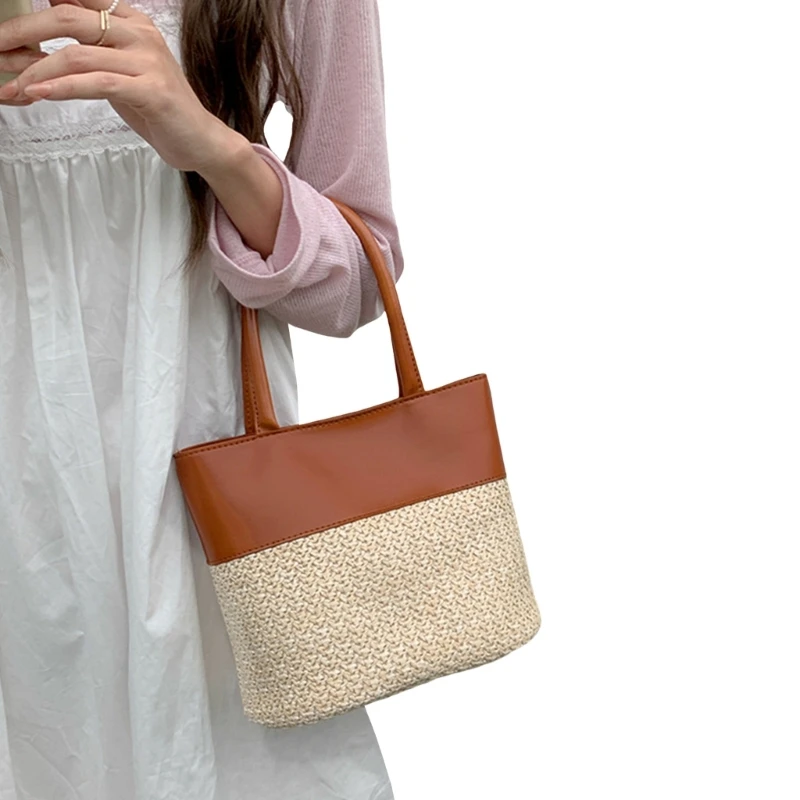 Fashionable Patchwork Shoulder Bag with PU Leather Details Straw Bucket Handbag