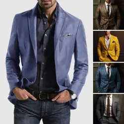 Men Suit Jacket Formal Plaid Print Long Sleeve Single Button Closure Business Coat Mid Length Cardigan Work Office Coat