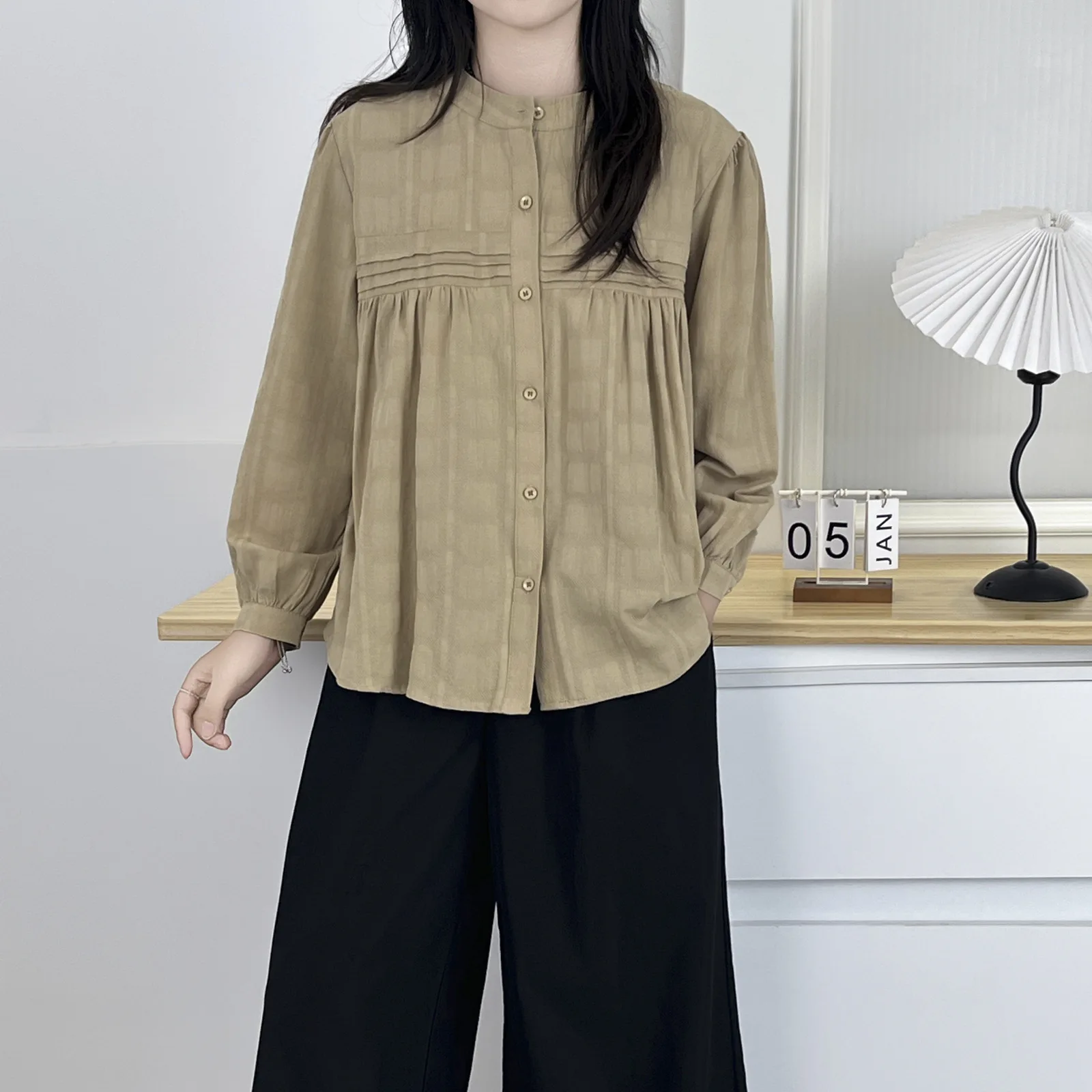 Fashion Plus Size Women's Blouses Autumn Simple Fold Jacquard Cotton Long Sleeve Shirt Casual O-Neck Tops 6186