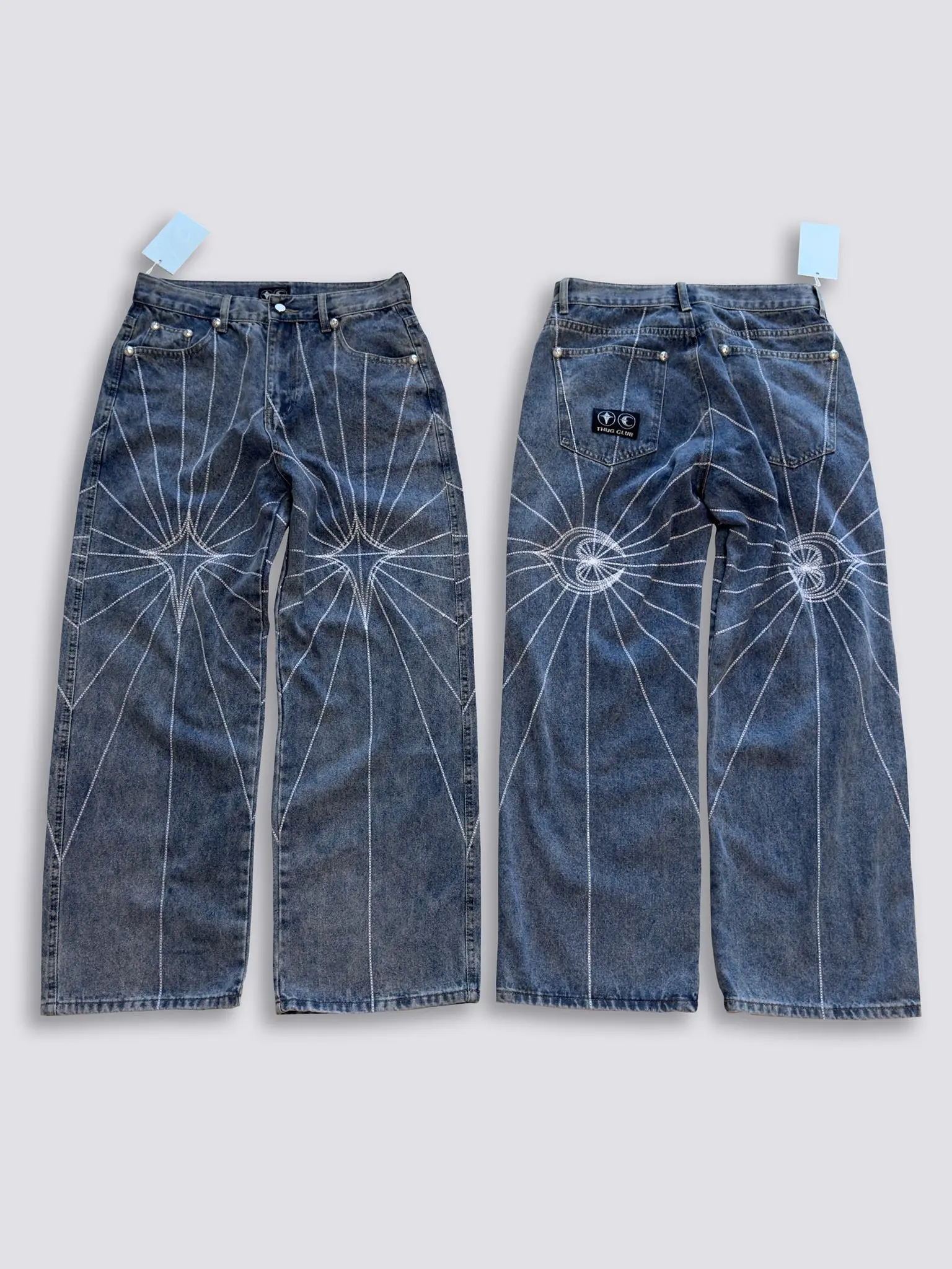 Real Photos Thug Club Jeans Metal Stars Moons Labe