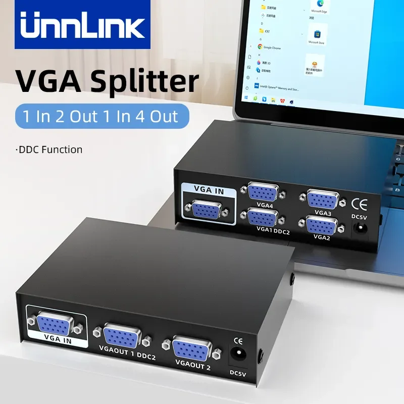 1x4/1x2 VGA Splitter 1080P60Hz Video Splitter Adapter 4 In 1 Out For PC Host to TV Monitor Projector VGA Extender Splitter
